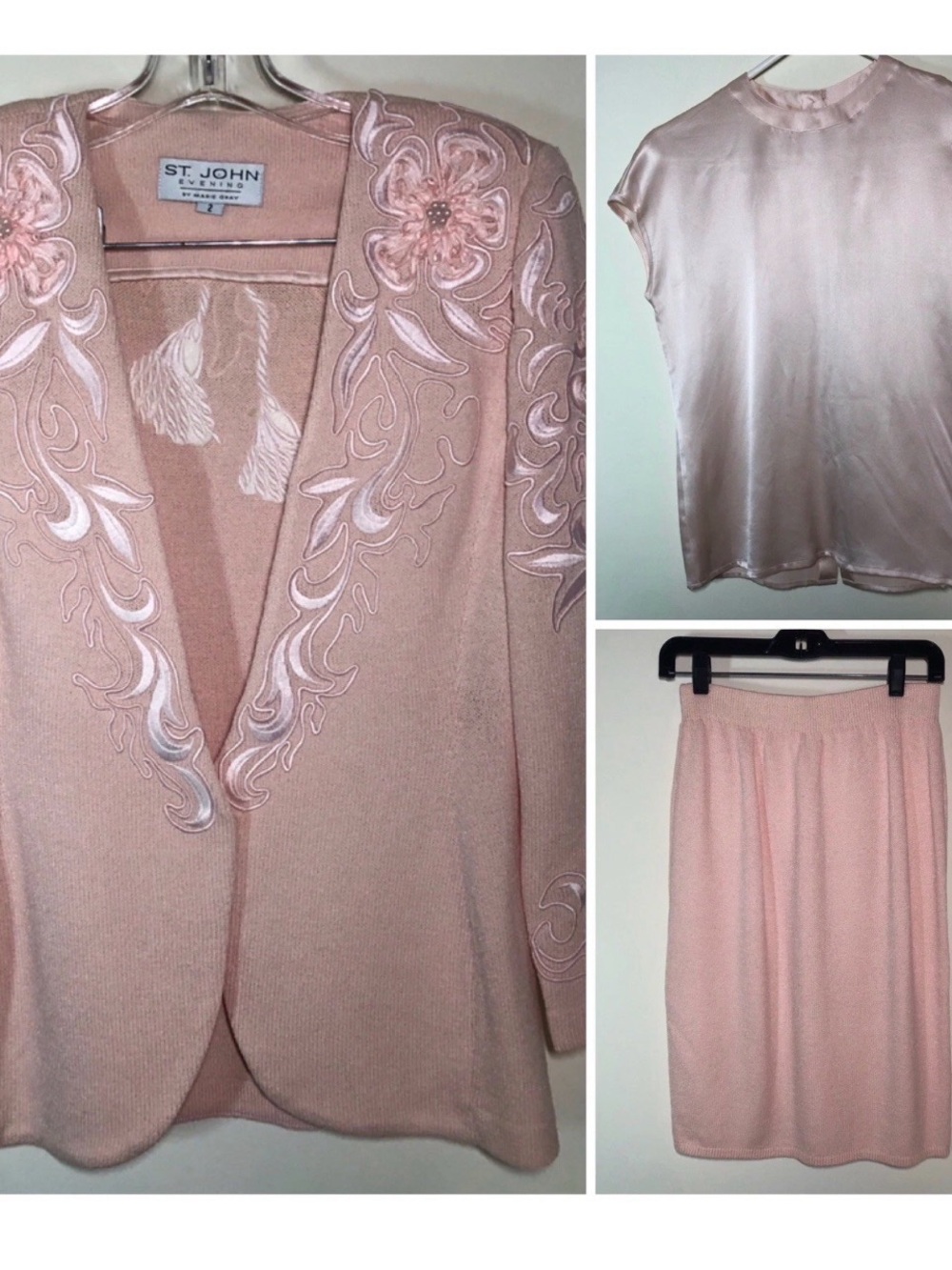 VTG St John Evening Jacket Skirt Silk Blouse SET Peachy Pink Embellished Knit 2